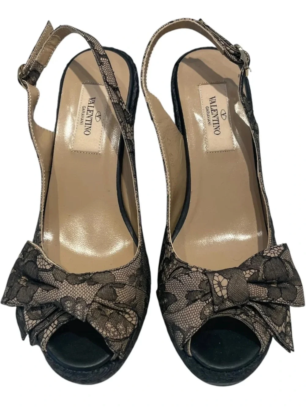 Valentino Garavani Black and Beige Lace Bow Peep-Toe Wedge Sandals